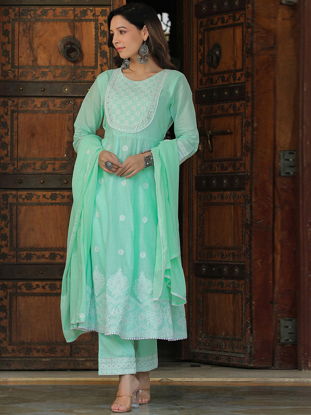 Rangeelo Women Floral Embroidered Cotton A-Line Kurta with Trousers & Dupatta, Sea green
Rangeelo Women Floral Embroidered Cotton A-Line Kurta with Trousers & Dupatta, Sea green