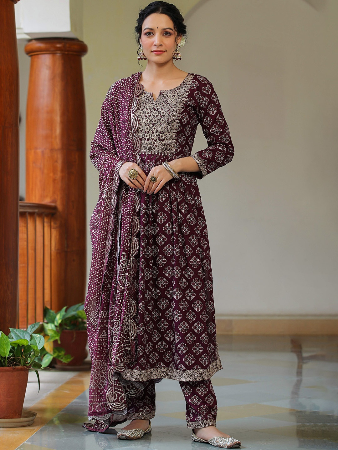 Rangeelo Bandhani Printed Thread Work Anarkali Kurta & Trousers With Dupatta, Burgundy
Rangeelo Bandhani Printed Thread Work Anarkali Kurta & Trousers With Dupatta, Burgundy