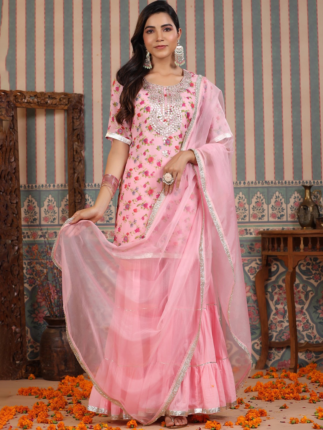 Rangeelo Women Floral Printed Regular Gotta Patti Kurti with Sharara & Dupatta, Pink
Rangeelo Women Floral Printed Regular Gotta Patti Kurti with Sharara & Dupatta, Pink
