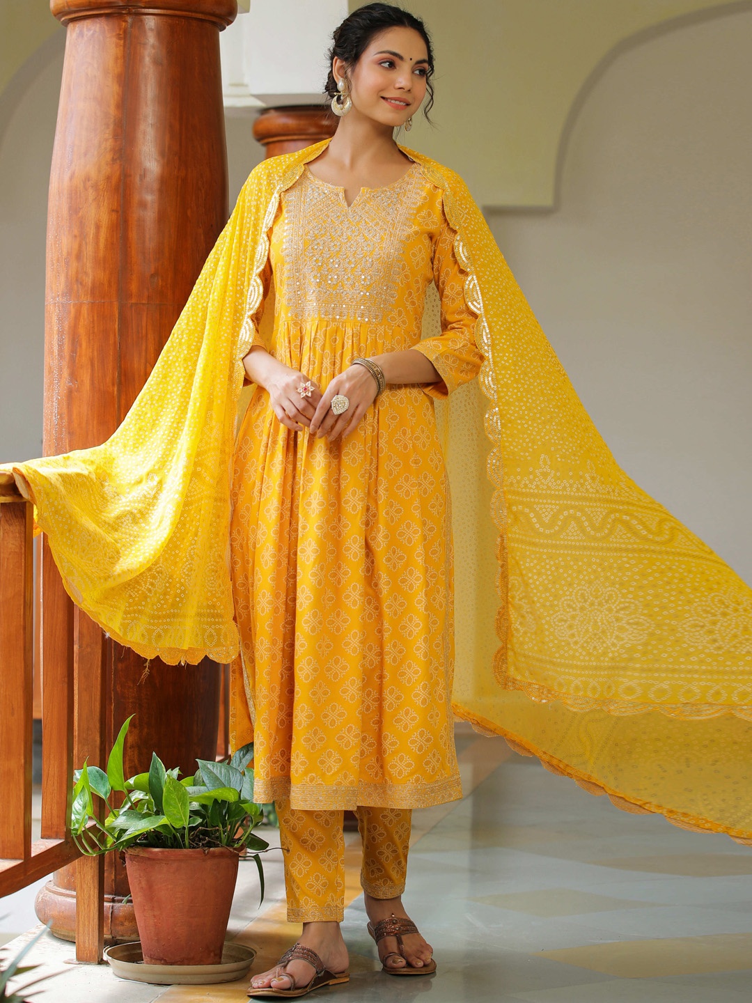 Rangeelo Bandhani Printed Thread Work Pleated Kurta with Trousers & With Dupatta, Yellow
Rangeelo Bandhani Printed Thread Work Pleated Kurta with Trousers & With Dupatta, Yellow