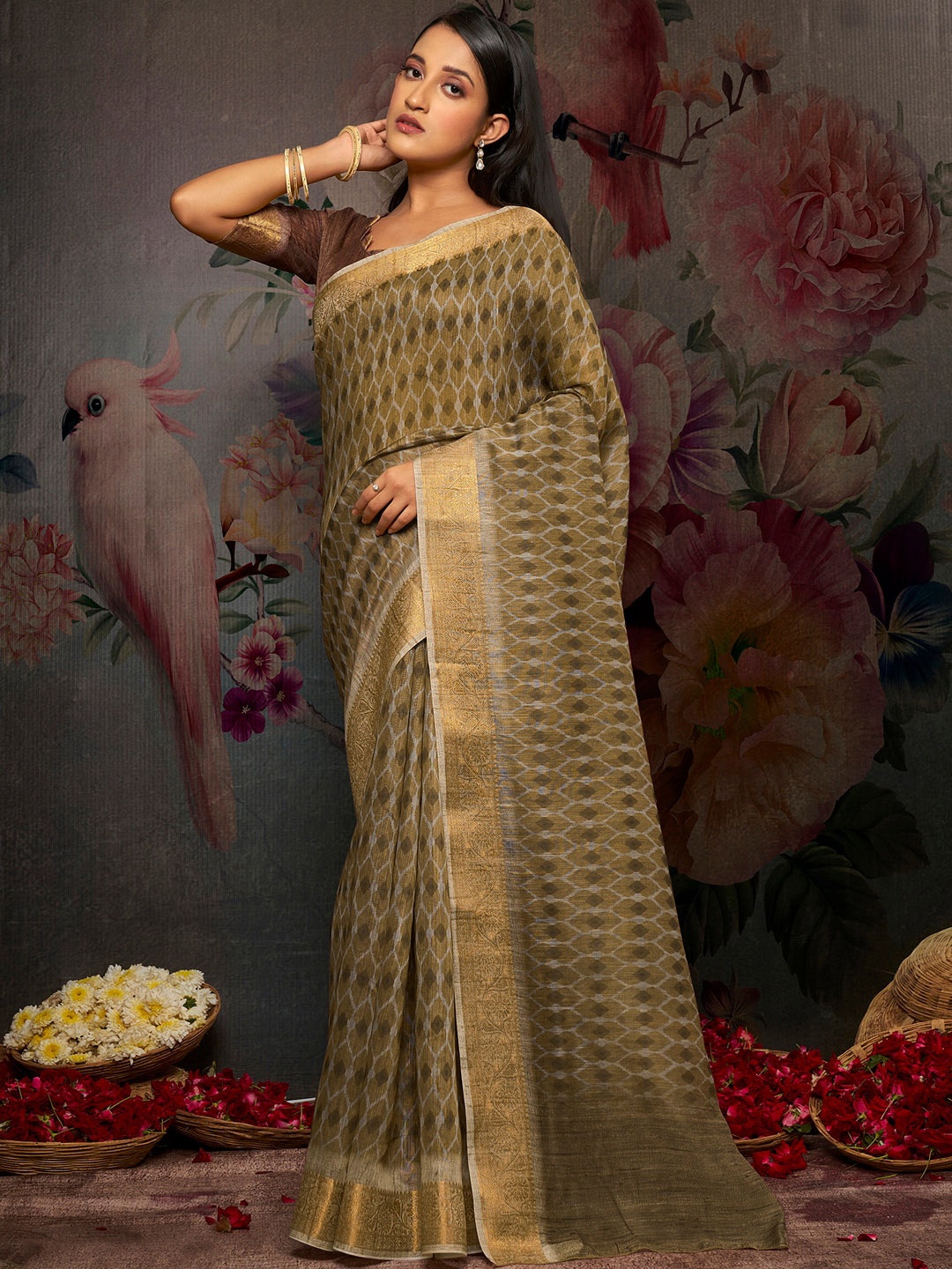 Anouk Brown & Silver-Toned Geometric Printed Zari Saree