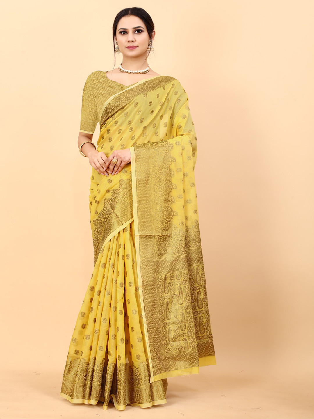 MOKSHA DESIGNS Ethnic Motifs Woven Design Zari Pure Silk Chanderi Saree, Yellow
MOKSHA DESIGNS Ethnic Motifs Woven Design Zari Pure Silk Chanderi Saree, Yellow