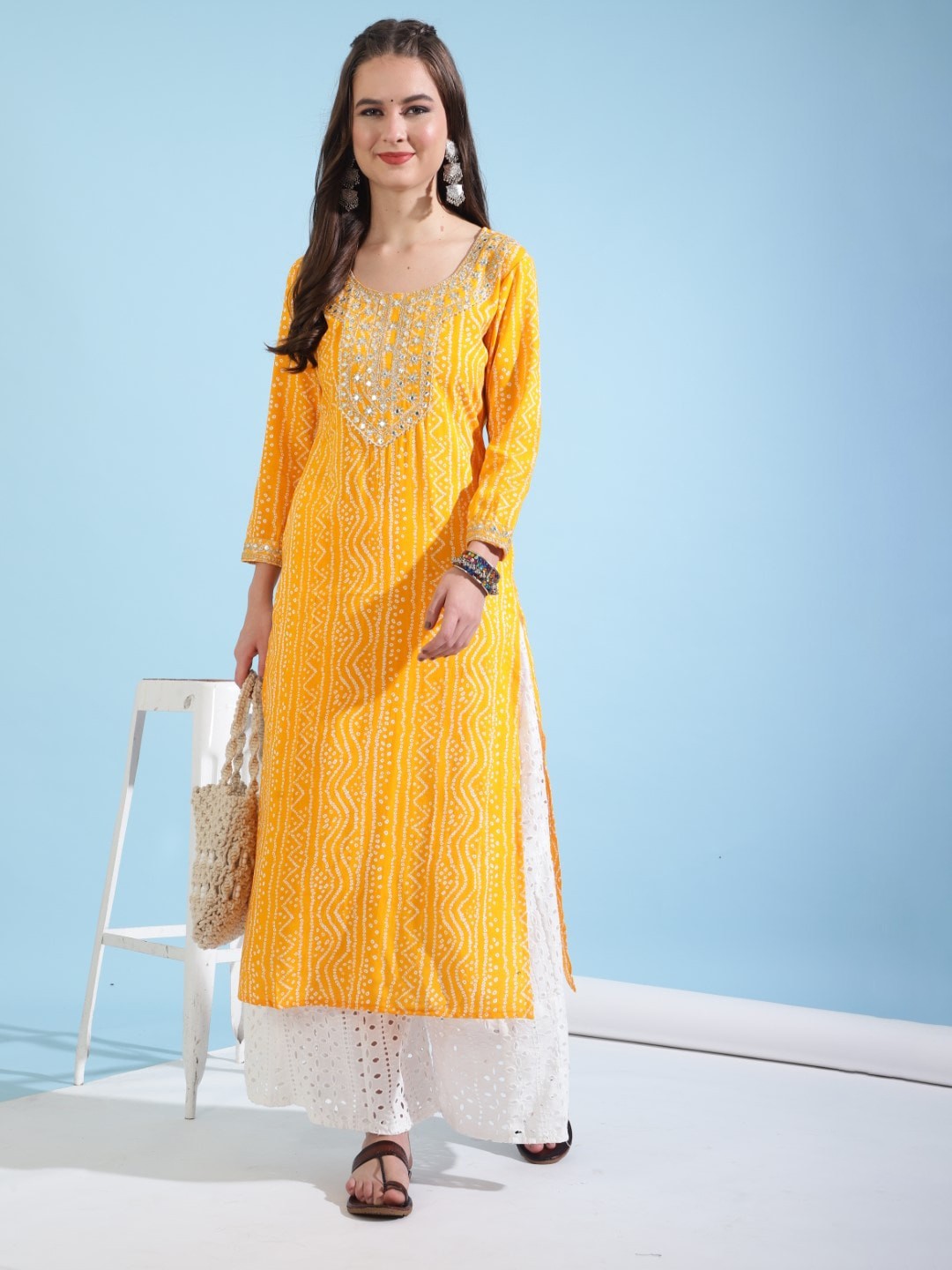 SHIONS Bandhani Printed Round Neck Mirror Work & Gotta Patti Cotton Straight Kurta, Yellow
SHIONS Bandhani Printed Round Neck Mirror Work & Gotta Patti Cotton Straight Kurta, Yellow