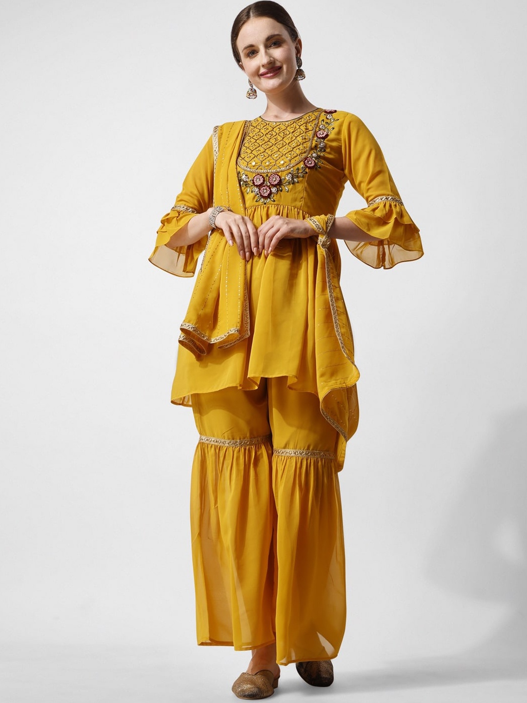 KALINI Ethnic Motifs Embroidered Pleated Beads and Stones Kurta & Sharara With Dupatta, Mustard
KALINI Ethnic Motifs Embroidered Pleated Beads and Stones Kurta & Sharara With Dupatta, Mustard