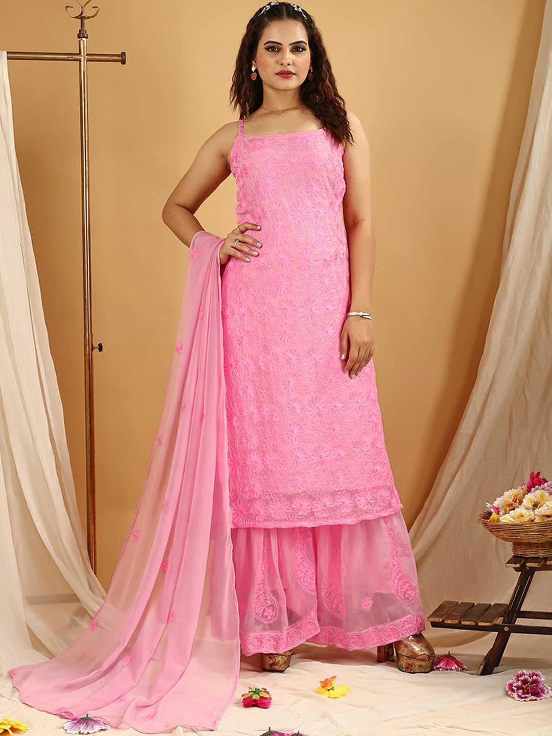 KALINI Floral Embroidered Shoulder Strap Regular Kurta with Sharara & With Dupatta, Pink
KALINI Floral Embroidered Shoulder Strap Regular Kurta with Sharara & With Dupatta, Pink