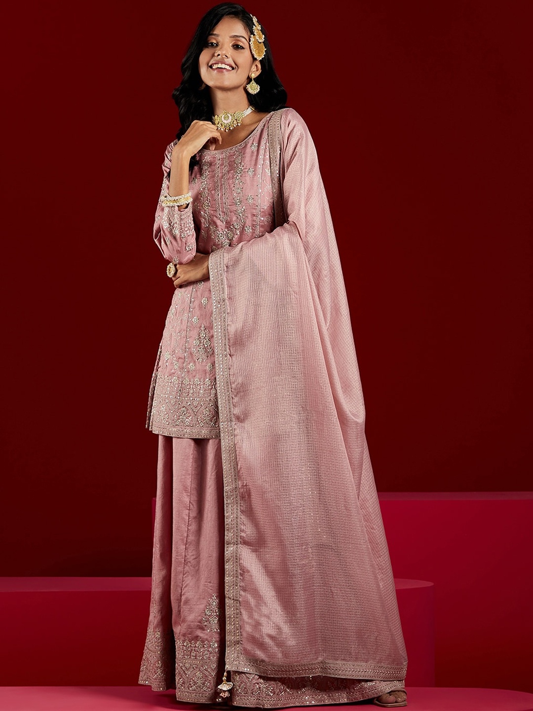 Libas Art Floral Embroidered Panelled Sequinned Pure Silk Kurti With Palazzos & Dupatta, Pink
Libas Art Floral Embroidered Panelled Sequinned Pure Silk Kurti With Palazzos & Dupatta, Pink