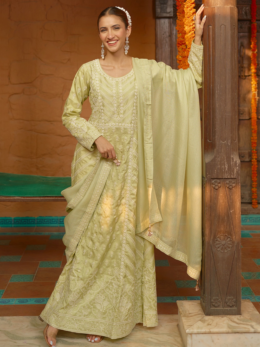 Libas Art Ethnic Embroidered Panelled Sequined Pure Silk Kurta with Trousers & Dupatta, Green
Libas Art Ethnic Embroidered Panelled Sequined Pure Silk Kurta with Trousers & Dupatta, Green