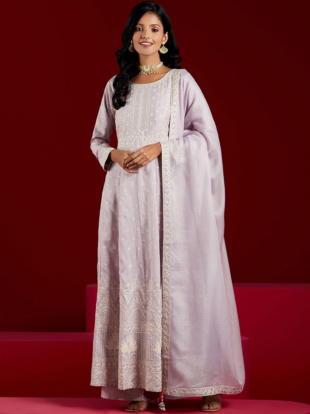 Libas Art Floral Embroidered Panelled Sequinned Silk A-line Kurta With Palazzos & Dupatta, Lavender
Libas Art Floral Embroidered Panelled Sequinned Silk A-line Kurta With Palazzos & Dupatta, Lavender