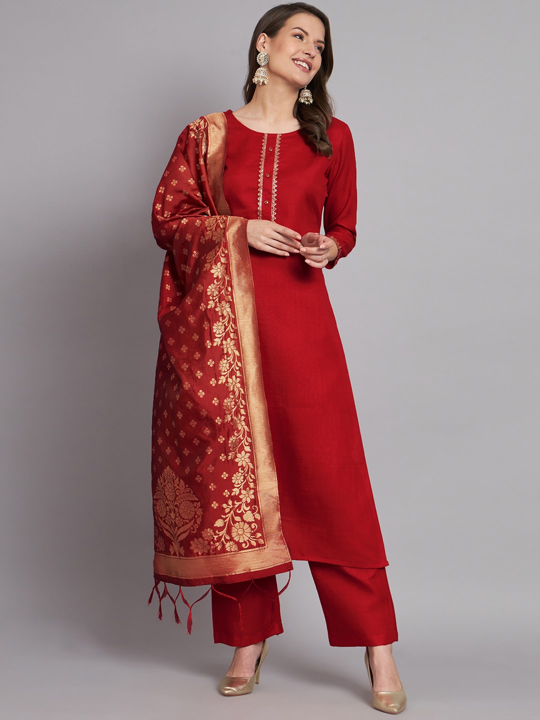 BLACK SCISSOR Gotta Patti Detailed Pure Cotton Straight Kurta & Trousers With Dupatta, Red
BLACK SCISSOR Gotta Patti Detailed Pure Cotton Straight Kurta & Trousers With Dupatta, Red