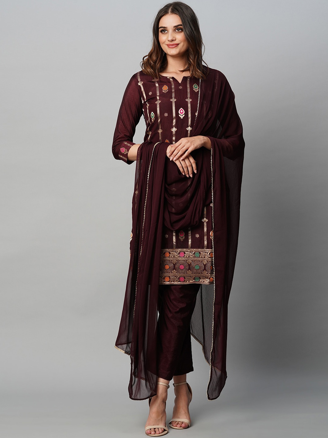 KALINI Woven Design Zari Detail Regular Kurta with Trousers & With Dupatta, Burgundy
KALINI Woven Design Zari Detail Regular Kurta with Trousers & With Dupatta, Burgundy