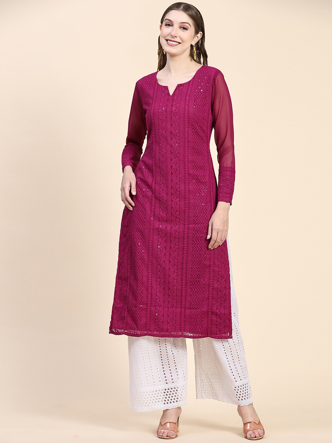 BLACK SCISSOR Ethnic Motifs Embroidered Notched Neck Chikankari Georgette Kurta, Pink
BLACK SCISSOR Ethnic Motifs Embroidered Notched Neck Chikankari Georgette Kurta, Pink