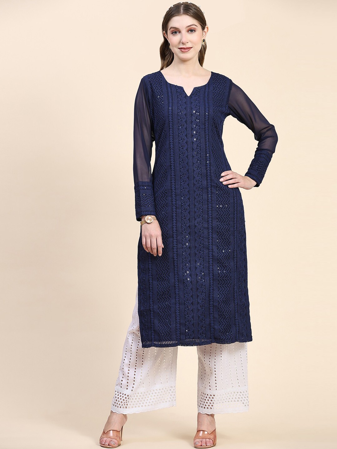 BLACK SCISSOR Ethnic Motifs Embroidered Notched Neck Sequined Georgette Kurta, Navy blue
BLACK SCISSOR Ethnic Motifs Embroidered Notched Neck Sequined Georgette Kurta, Navy blue