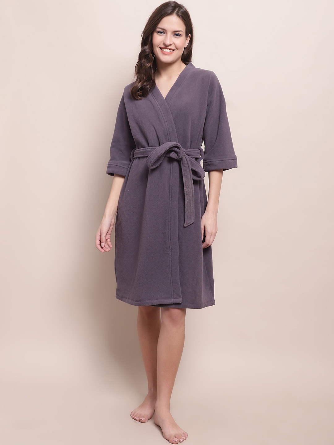 Kanvin Women Tie Up Details Bath Robe, Purple