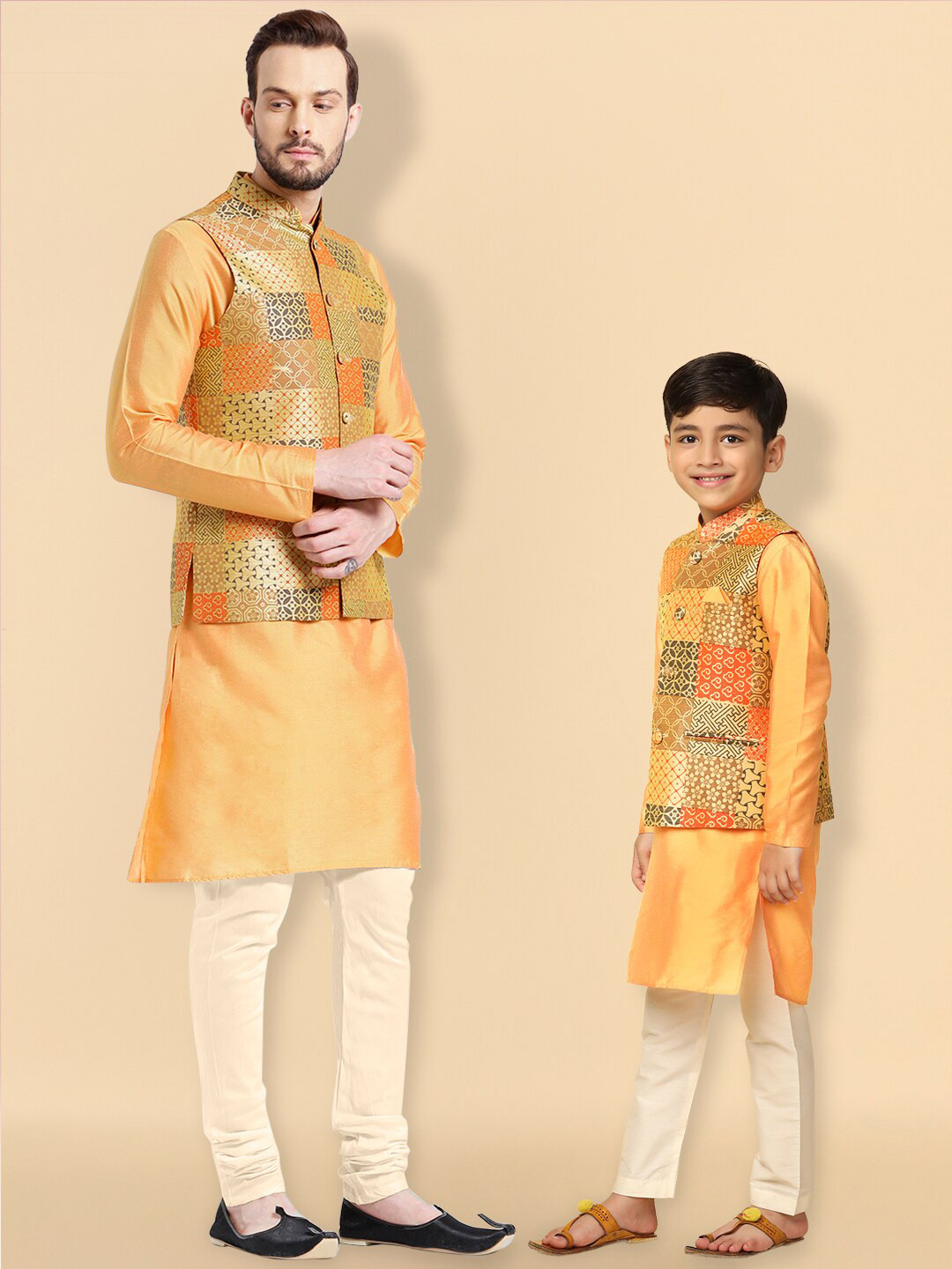 KISAH Boys Mandarin Collar Straight Kurta With Dhoti Pants & Nehru jacket, Yellow 
KISAH Boys Mandarin Collar Straight Kurta With Dhoti Pants & Nehru jacket, Yellow