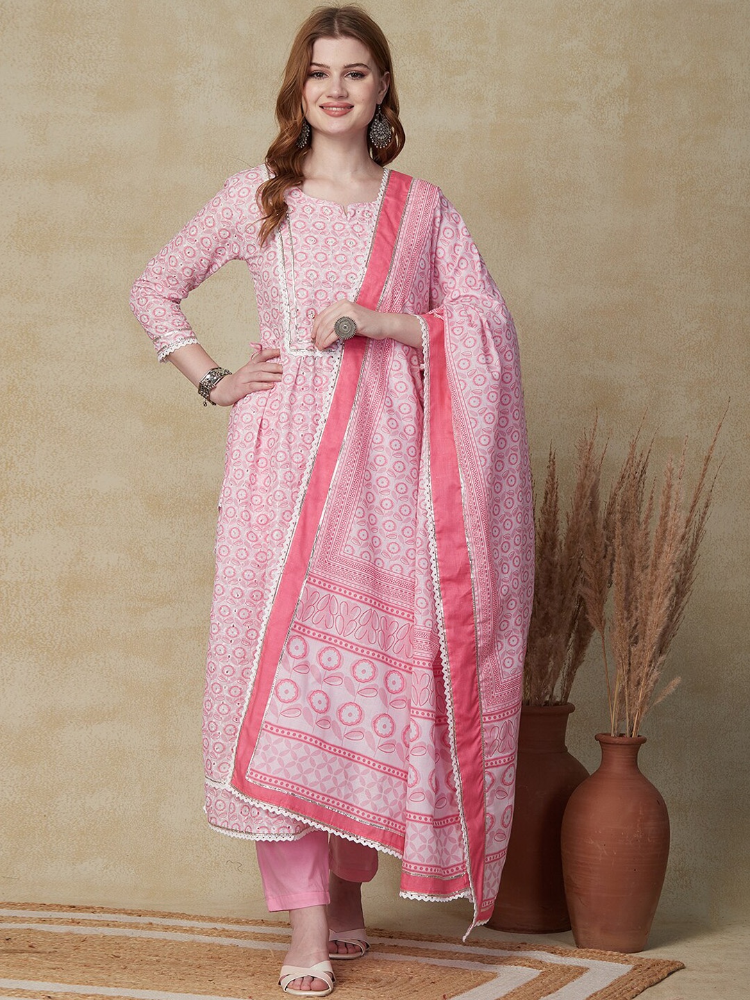 FASHOR Pink Floral Printed Pure Cotton Pleated Straight Kurta & Trouser With Dupatta
FASHOR Pink Floral Printed Pure Cotton Pleated Straight Kurta & Trouser With Dupatta