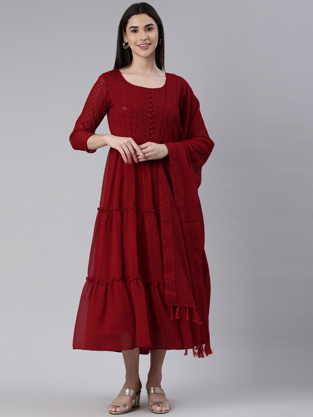 BLACK SCISSOR Ethnic Motifs Embroidered Georgette Fit & Flare Ethnic Dress With Dupatta, Maroon
BLACK SCISSOR Ethnic Motifs Embroidered Georgette Fit & Flare Ethnic Dress With Dupatta, Maroon