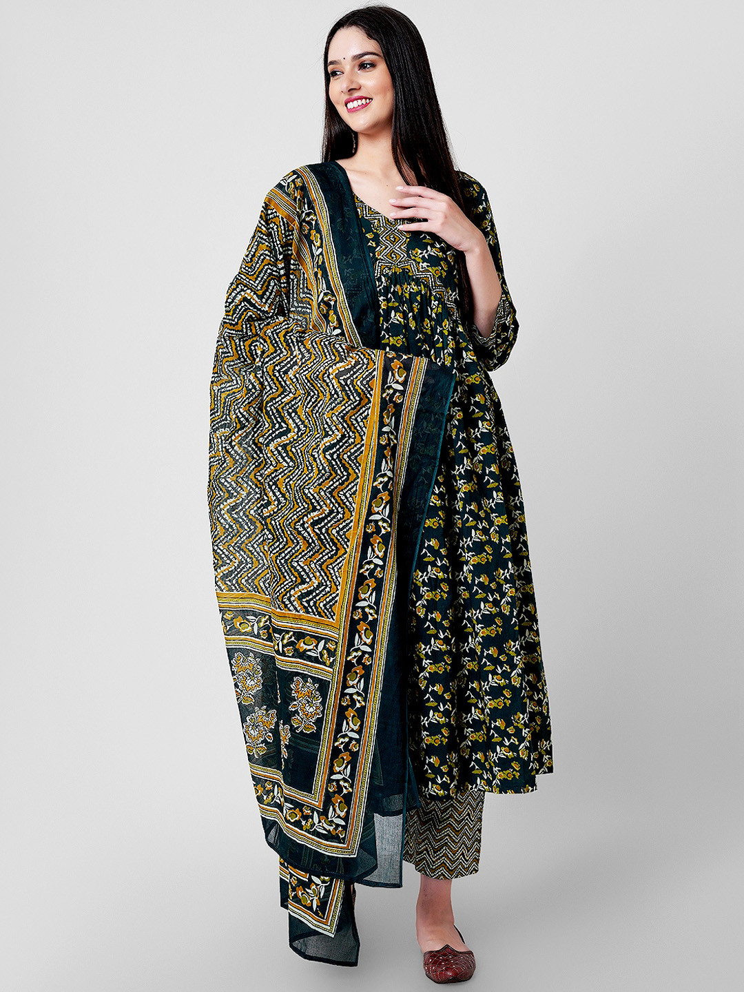 KALINI Floral Printed Empire Pure Cotton A-Line Kurta & Palazzos With Dupatta, Green 
KALINI Floral Printed Empire Pure Cotton A-Line Kurta & Palazzos With Dupatta, Green