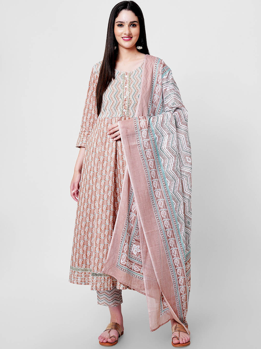 KALINI Ethnic Motifs Printed Pure Cotton Anarkali Kurta With Palazzos & Dupatta, Beige
KALINI Ethnic Motifs Printed Pure Cotton Anarkali Kurta With Palazzos & Dupatta, Beige