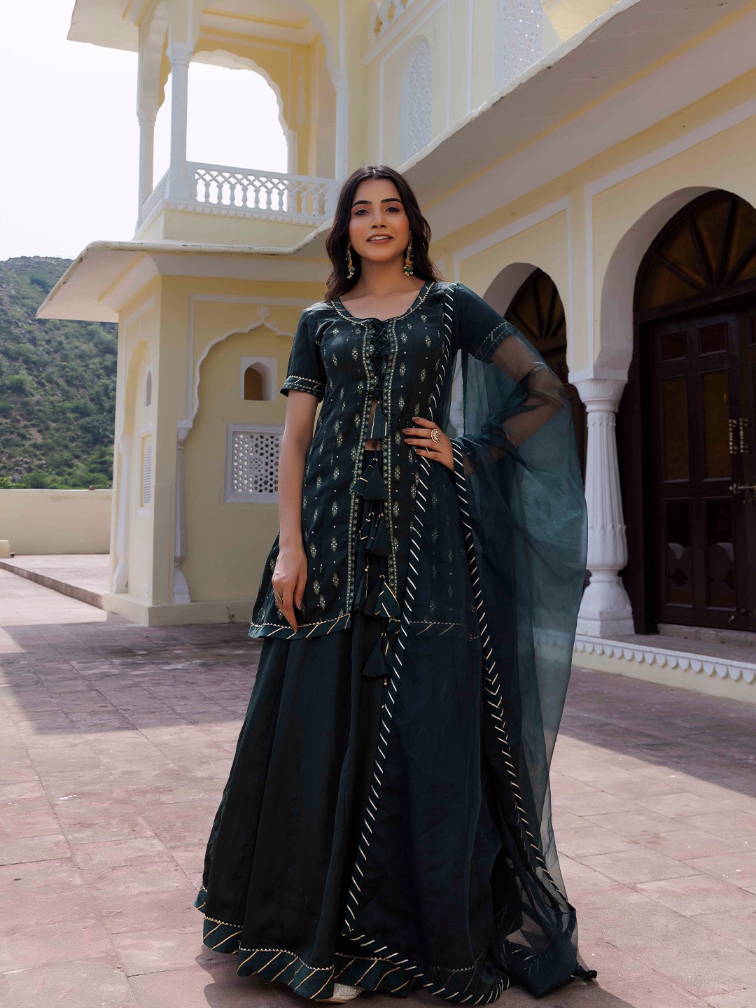 Ragavi Printed Sequinned Foil Print Ready To Wear Lehenga & Blouse With Dupatta, Green
Ragavi Printed Sequinned Foil Print Ready To Wear Lehenga & Blouse With Dupatta, Green