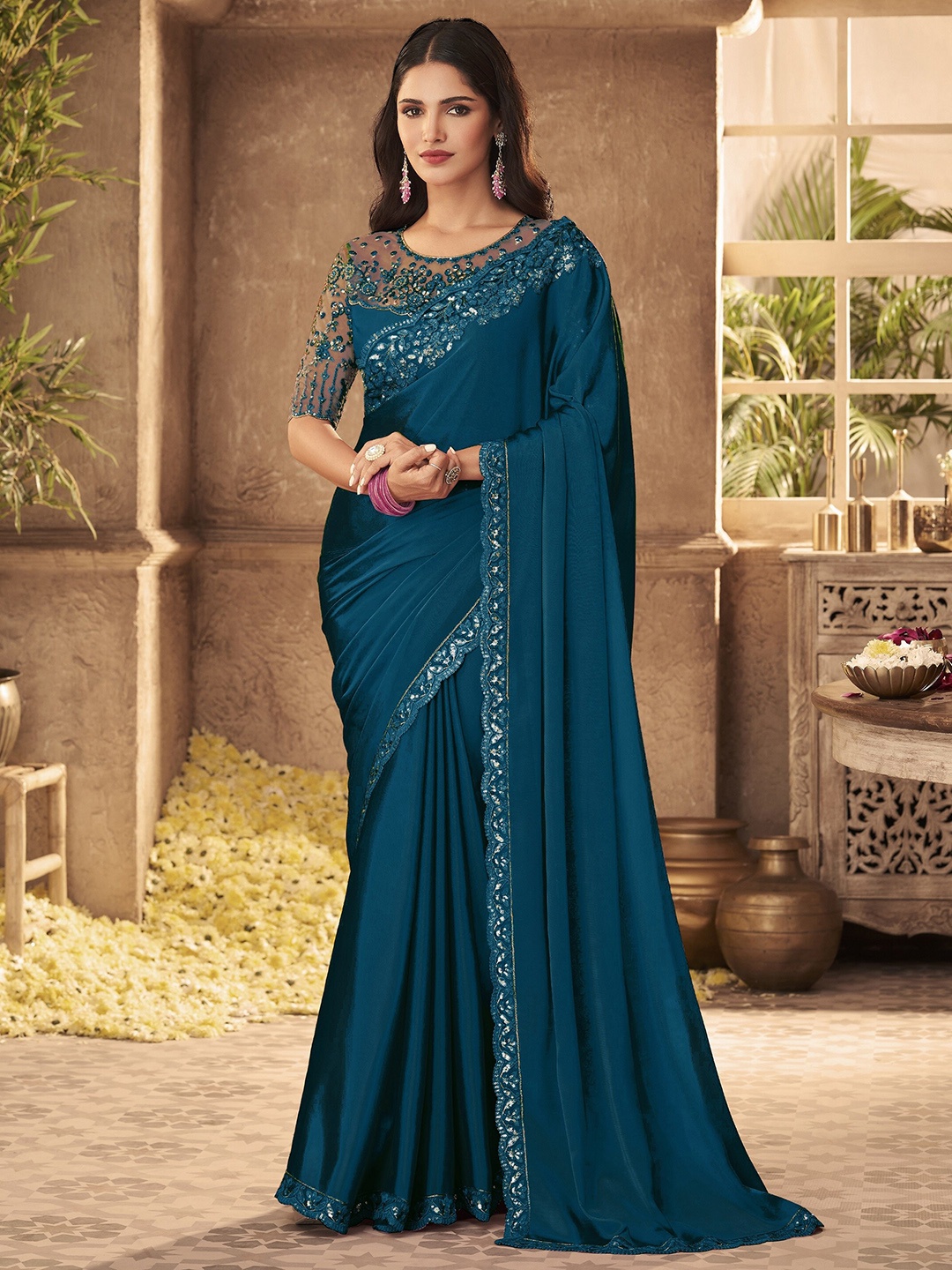 Trendmalls Embroidered Mysore Silk Saree, Turquoise blue