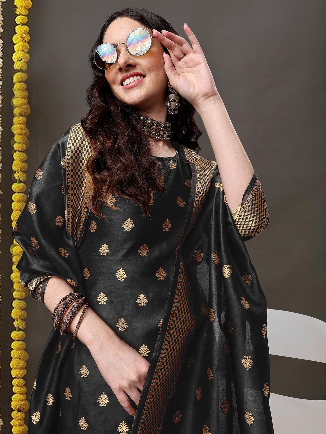 KALINI Ethnic Motifs Woven Design Zari Detail Straight Kurta & Salwar With Dupatta, Black
KALINI Ethnic Motifs Woven Design Zari Detail Straight Kurta & Salwar With Dupatta, Black