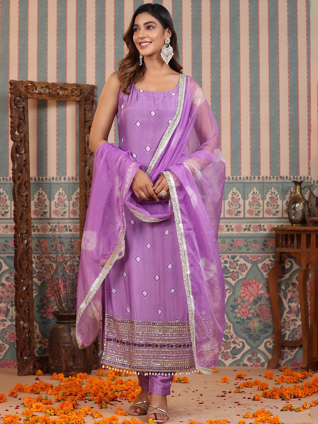 Rangeelo Women Bandhani Printed Thread Work Kurta with Trousers & With Dupatta, Purple
Rangeelo Women Bandhani Printed Thread Work Kurta with Trousers & With Dupatta, Purple