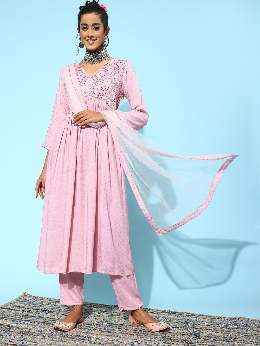 Indo Era Women Pink Embroidered Regular Mirror Work Kurta with Trousers & With Dupatta
Indo Era Women Pink Embroidered Regular Mirror Work Kurta with Trousers & With Dupatta