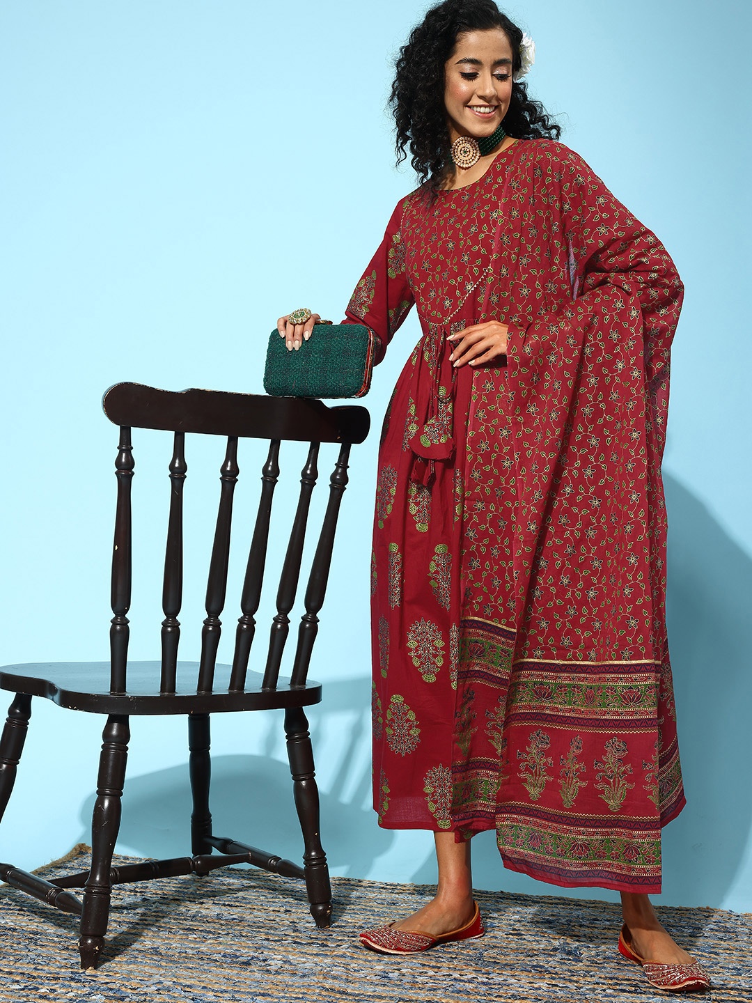 Indo Era Floral Print Gotta Patti A-Line Cotton Midi Dress with Dupatta, Maroon