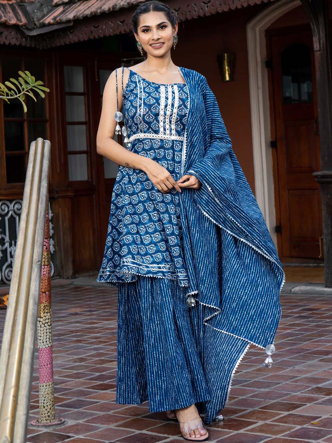 WEAVLLITE Ethnic Printed Empire Gotta Patti Pure Cotton Kurta with Sharara & Dupatta, Blue
WEAVLLITE Ethnic Printed Empire Gotta Patti Pure Cotton Kurta with Sharara & Dupatta, Blue