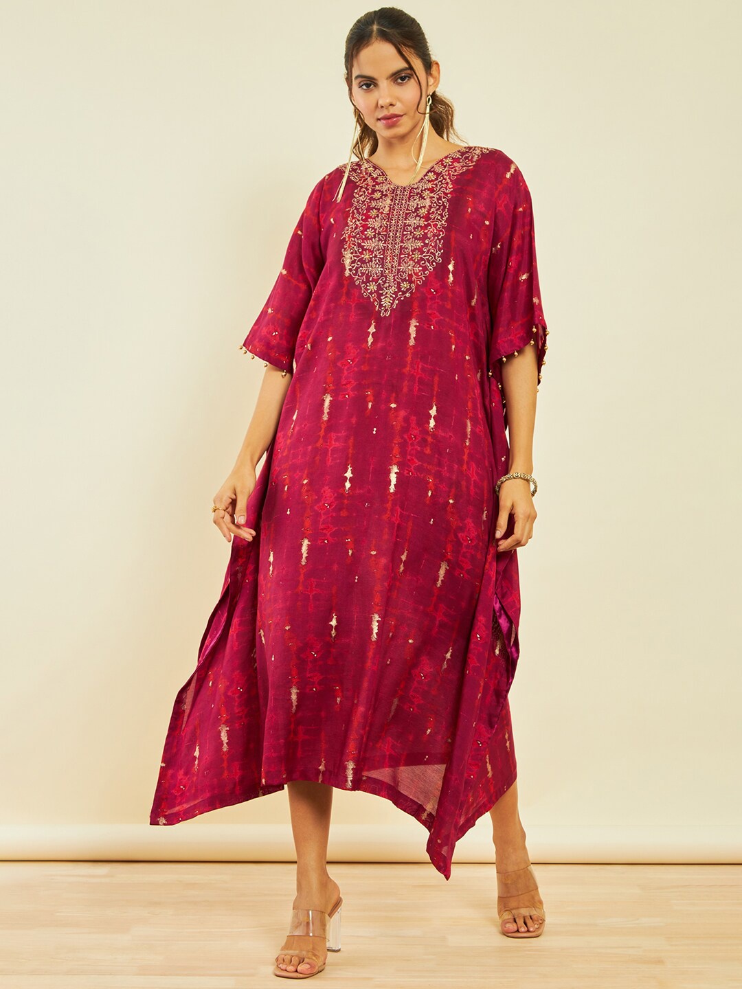 Soch Abstract Printed Embroidered Flared Sleeves Knee Length Modal Kaftan Ethnic Dress, Maroon
Soch Abstract Printed Embroidered Flared Sleeves Knee Length Modal Kaftan Ethnic Dress, Maroon