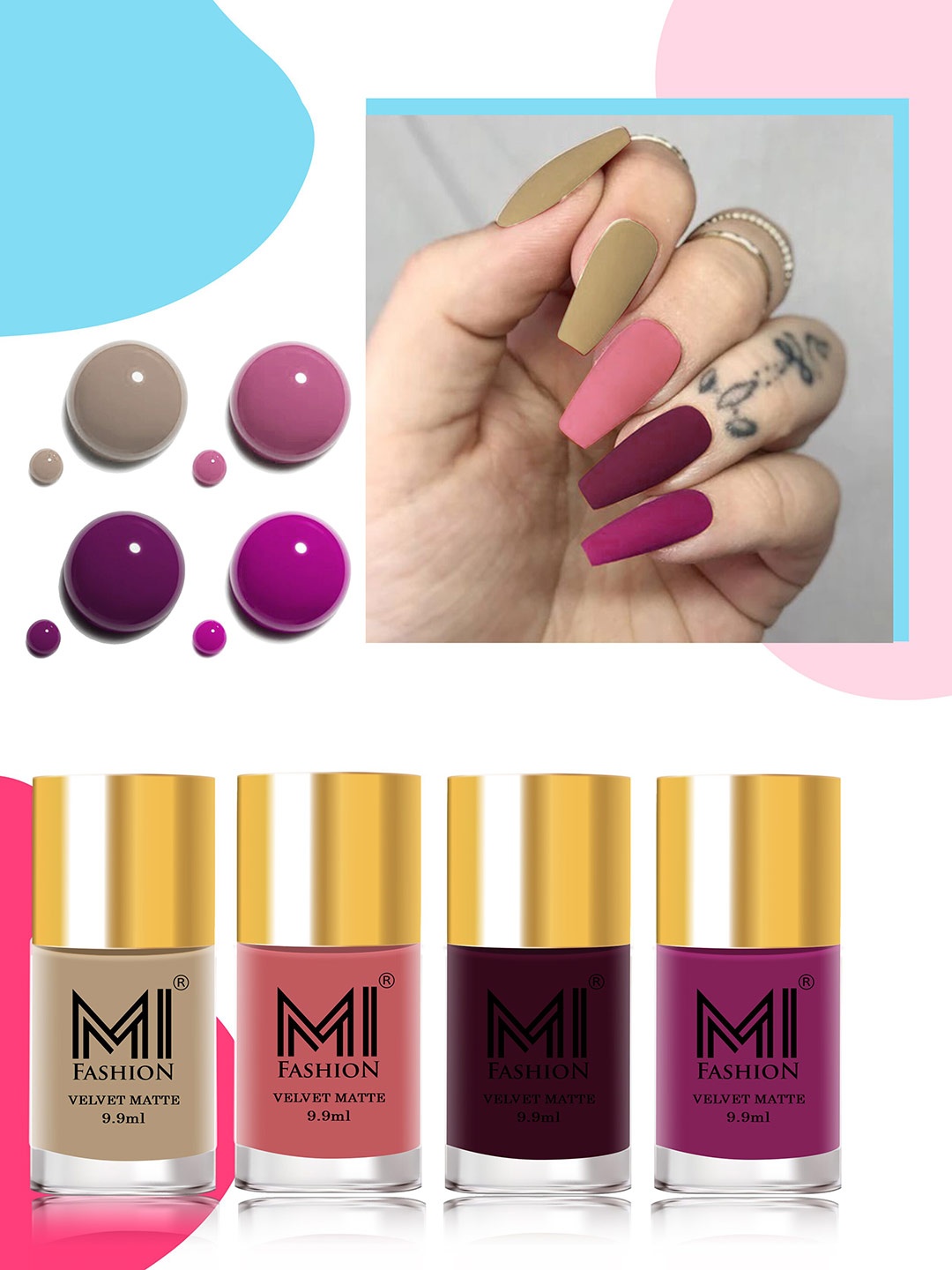 MI FASHION Set of 4 Velvet Matte Nail Polish 9.9 ml Each - Shade 32, 35, 37, 38, Pink
MI FASHION Set of 4 Velvet Matte Nail Polish 9.9 ml Each - Shade 32, 35, 37, 38, Pink