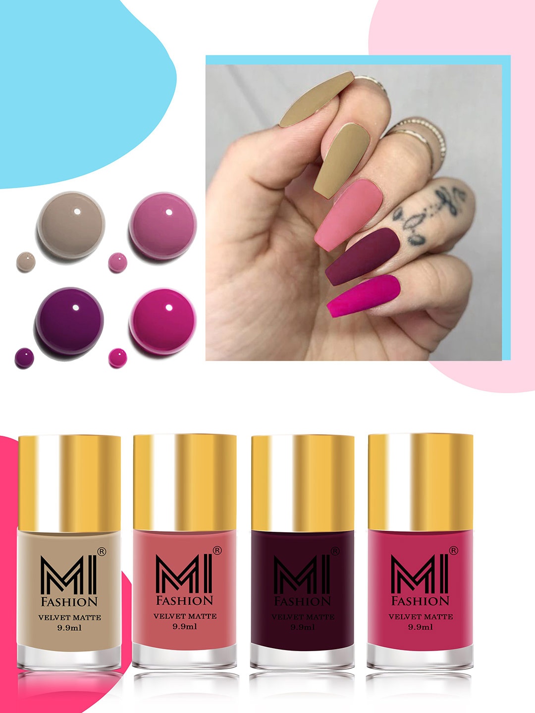 MI FASHION Set of 4 Velvet Matte Nail Polish 9.9 ml Each - Shade 32, 35, 37, 42, Nude
MI FASHION Set of 4 Velvet Matte Nail Polish 9.9 ml Each - Shade 32, 35, 37, 42, Nude