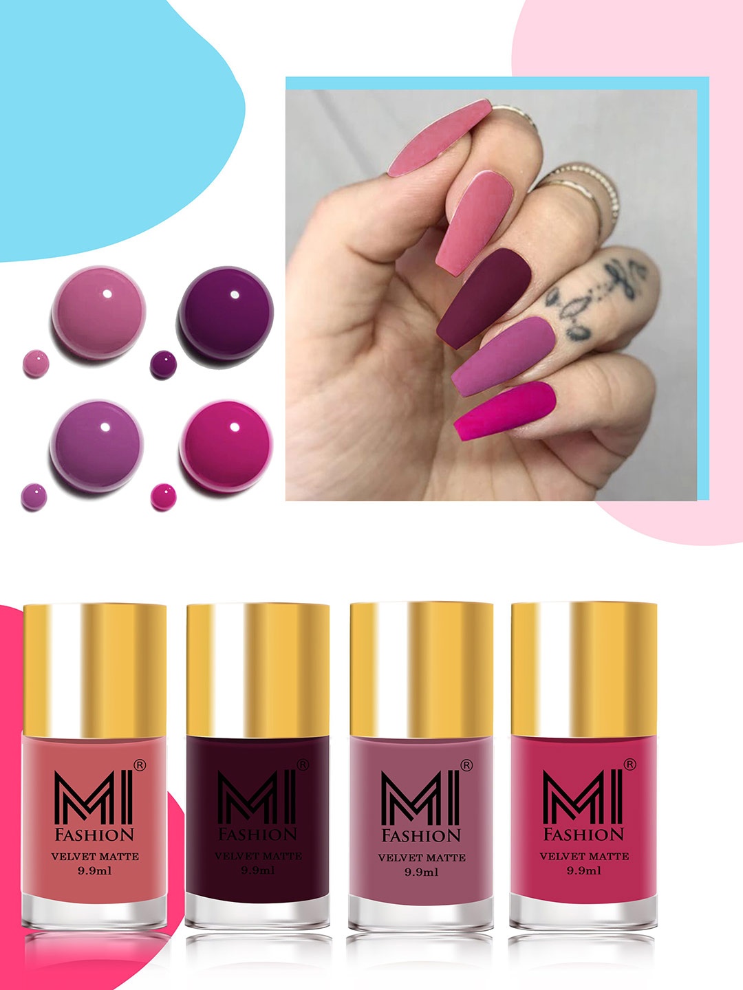 MI FASHION Set of 4 Velvet Matte Nail Polish 9.9 ml Each - Shade 35, 37, 39, 42, Pink
MI FASHION Set of 4 Velvet Matte Nail Polish 9.9 ml Each - Shade 35, 37, 39, 42, Pink