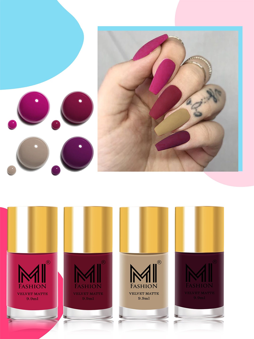 MI FASHION Set of 4 Velvet Matte Nail Polish 9.9 ml Each - Shade 24, 25, 32, 37, Pink
MI FASHION Set of 4 Velvet Matte Nail Polish 9.9 ml Each - Shade 24, 25, 32, 37, Pink
