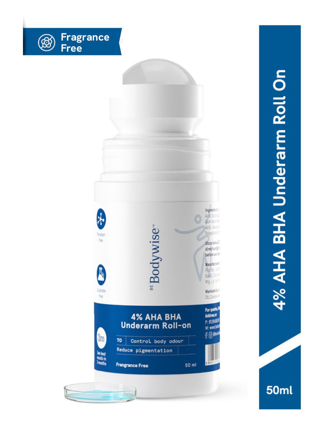 Be Bodywise 4% AHA BHA Underarm Roll On - Fades Body Odour & Pigmentation-50ml, Blue
Be Bodywise 4% AHA BHA Underarm Roll On - Fades Body Odour & Pigmentation-50ml, Blue