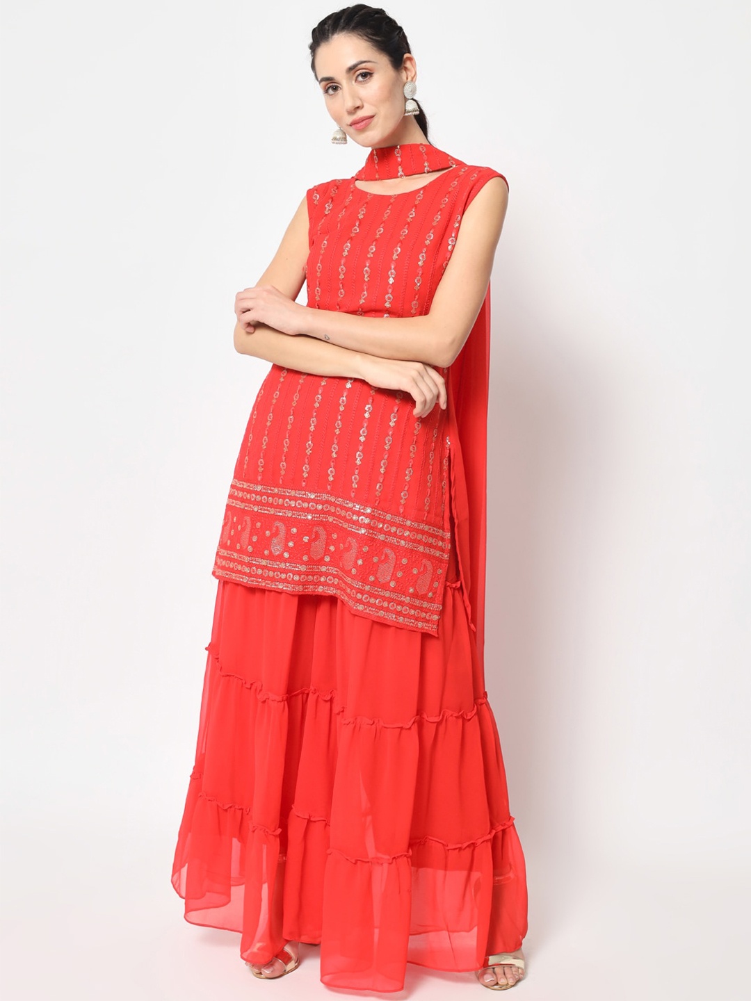 BLACK SCISSOR Ethnic Motifs Embroidered Sequinned Straight Kurta & Sharara With Dupatta, Red
BLACK SCISSOR Ethnic Motifs Embroidered Sequinned Straight Kurta & Sharara With Dupatta, Red