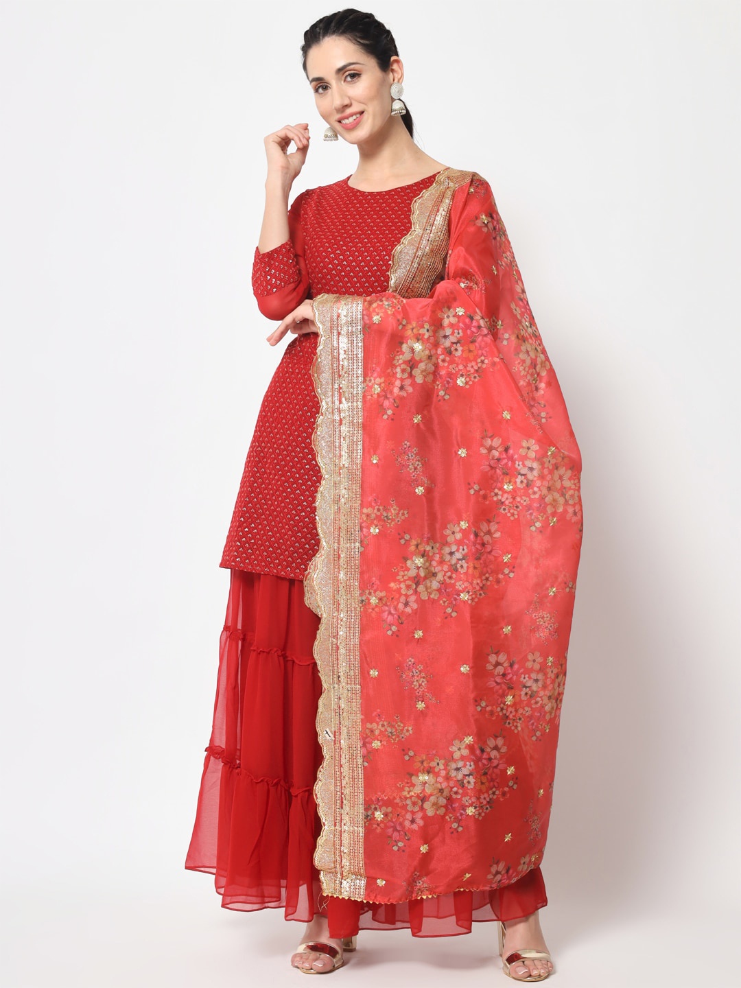 BLACK SCISSOR Ethnic Motifs Embroidered Sequinned Straight Kurta & Sharara With Dupatta, Red
BLACK SCISSOR Ethnic Motifs Embroidered Sequinned Straight Kurta & Sharara With Dupatta, Red