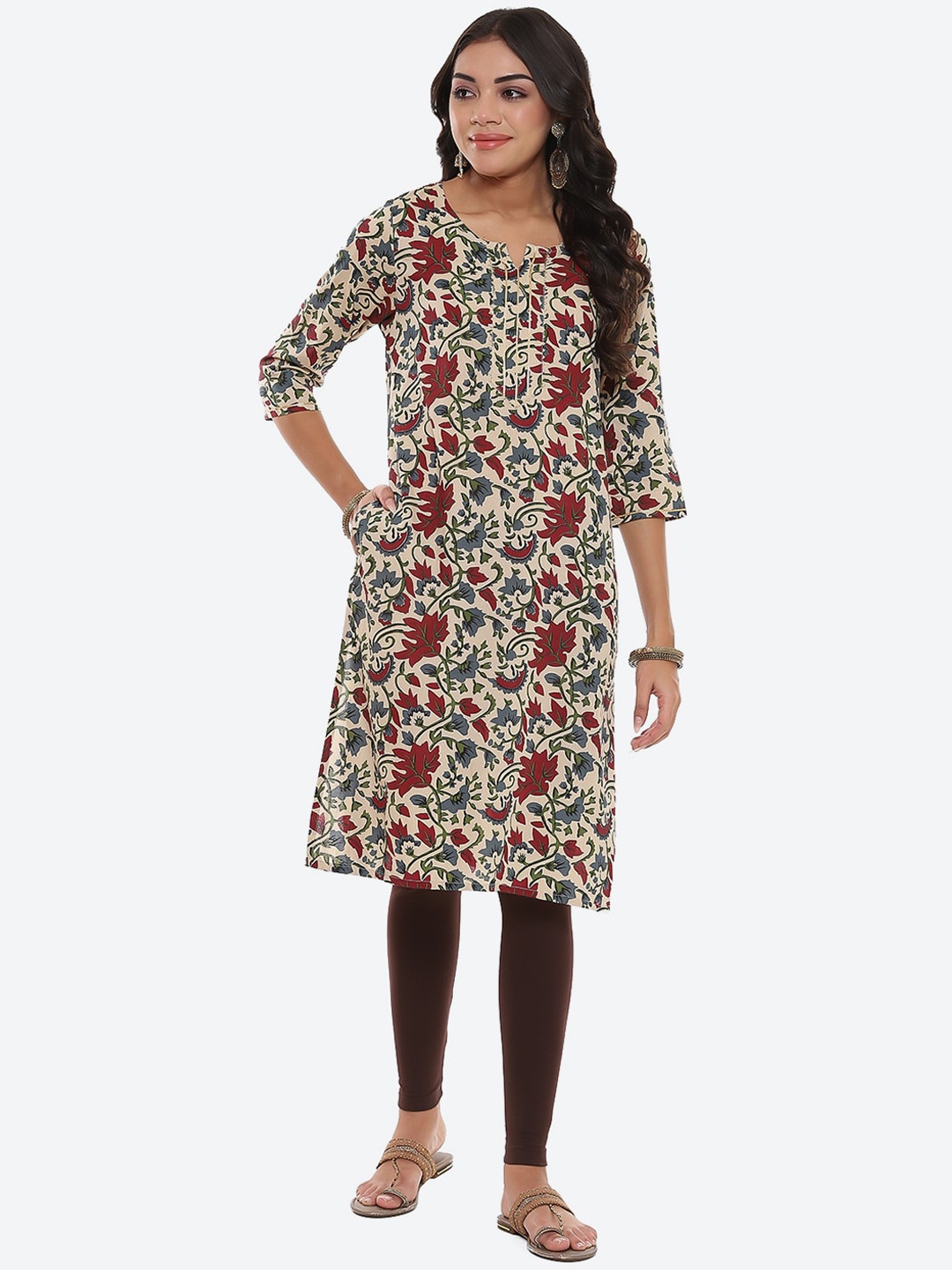 2Bme Floral Printed Round Neck Gotta Patti Straight Kurta, Beige