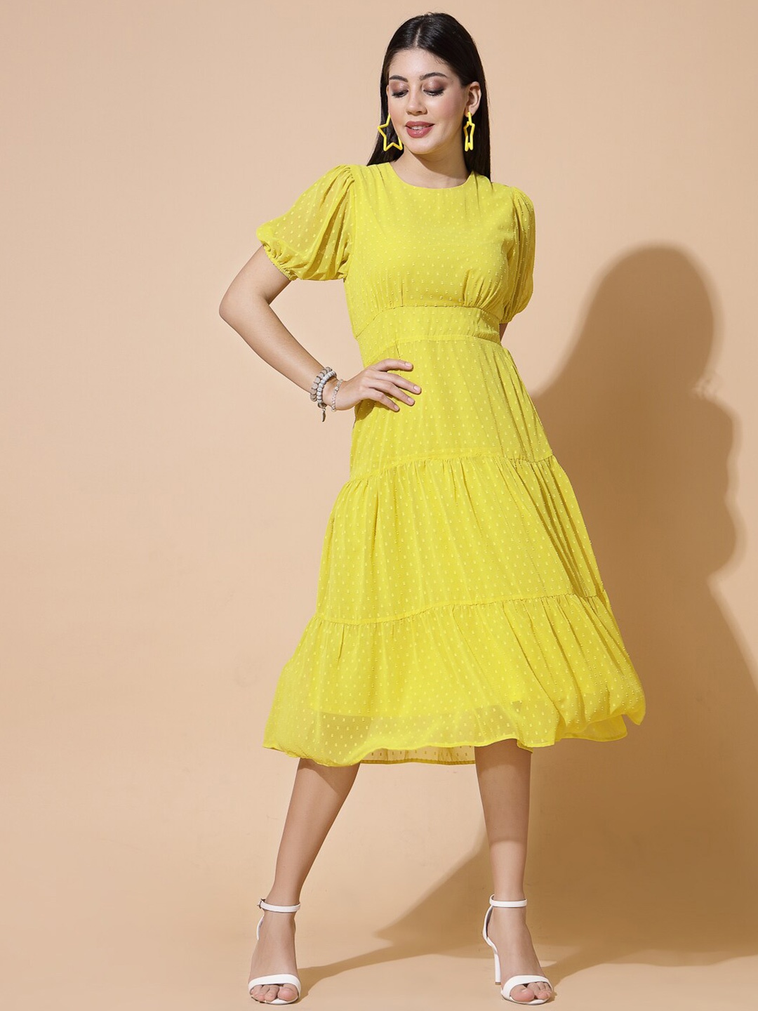 Strong And Brave Self design Puff Sleeve Tiered Georgette Empire Midi Dress, Yellow
Strong And Brave Self design Puff Sleeve Tiered Georgette Empire Midi Dress, Yellow