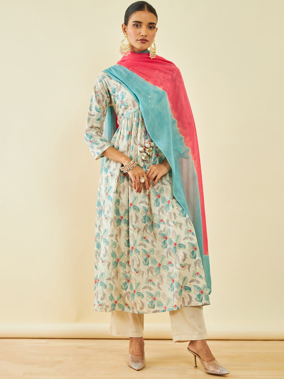 Soch Floral Printed Mirror Work Empire Pure Cotton Anarkali Kurta & Trousers With Dupatta, Blue
Soch Floral Printed Mirror Work Empire Pure Cotton Anarkali Kurta & Trousers With Dupatta, Blue
