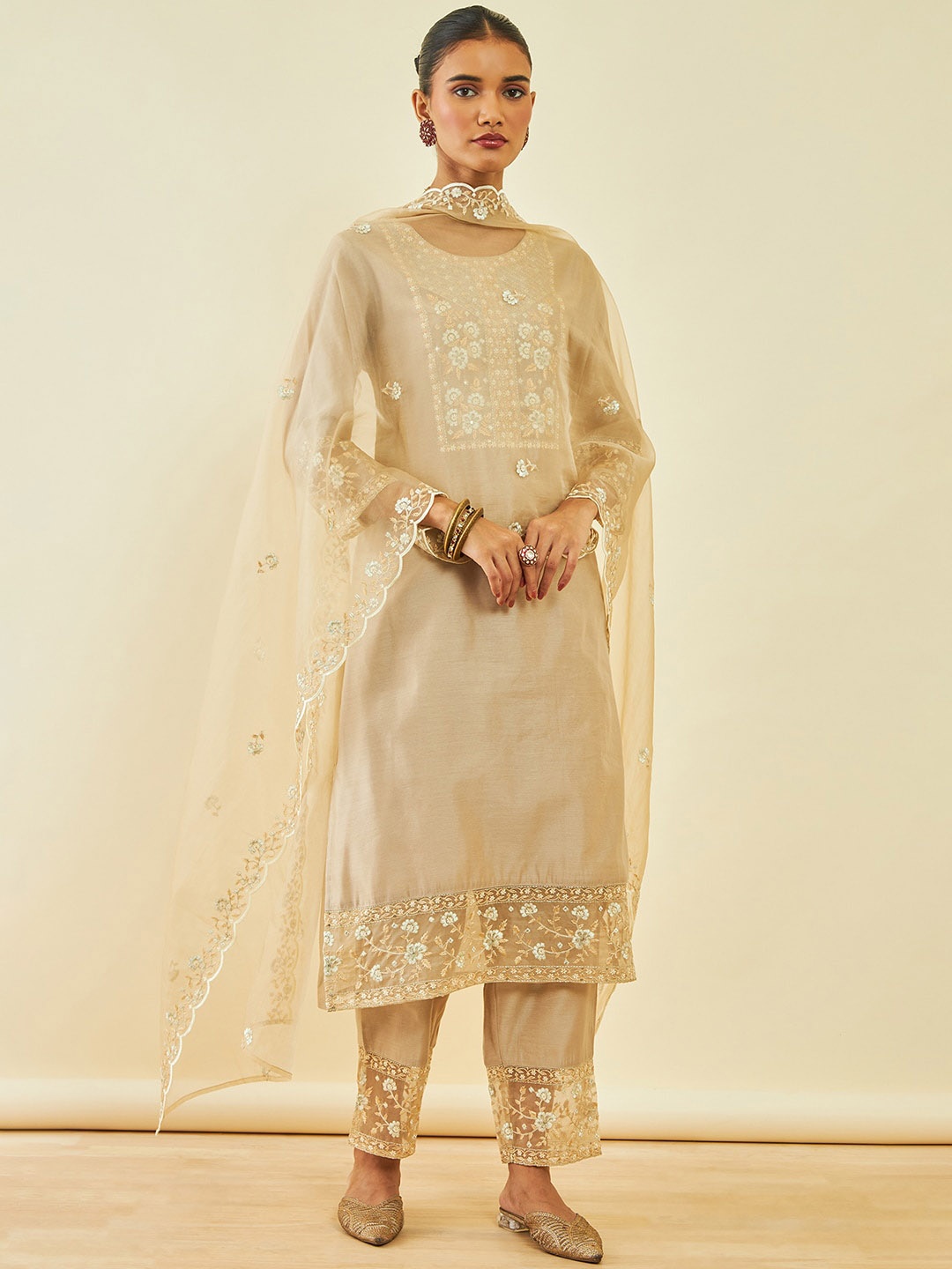 Soch Floral Embroidered Sequinned Chanderi Silk Straight Kurta With Trousers & Dupatta, Beige
Soch Floral Embroidered Sequinned Chanderi Silk Straight Kurta With Trousers & Dupatta, Beige