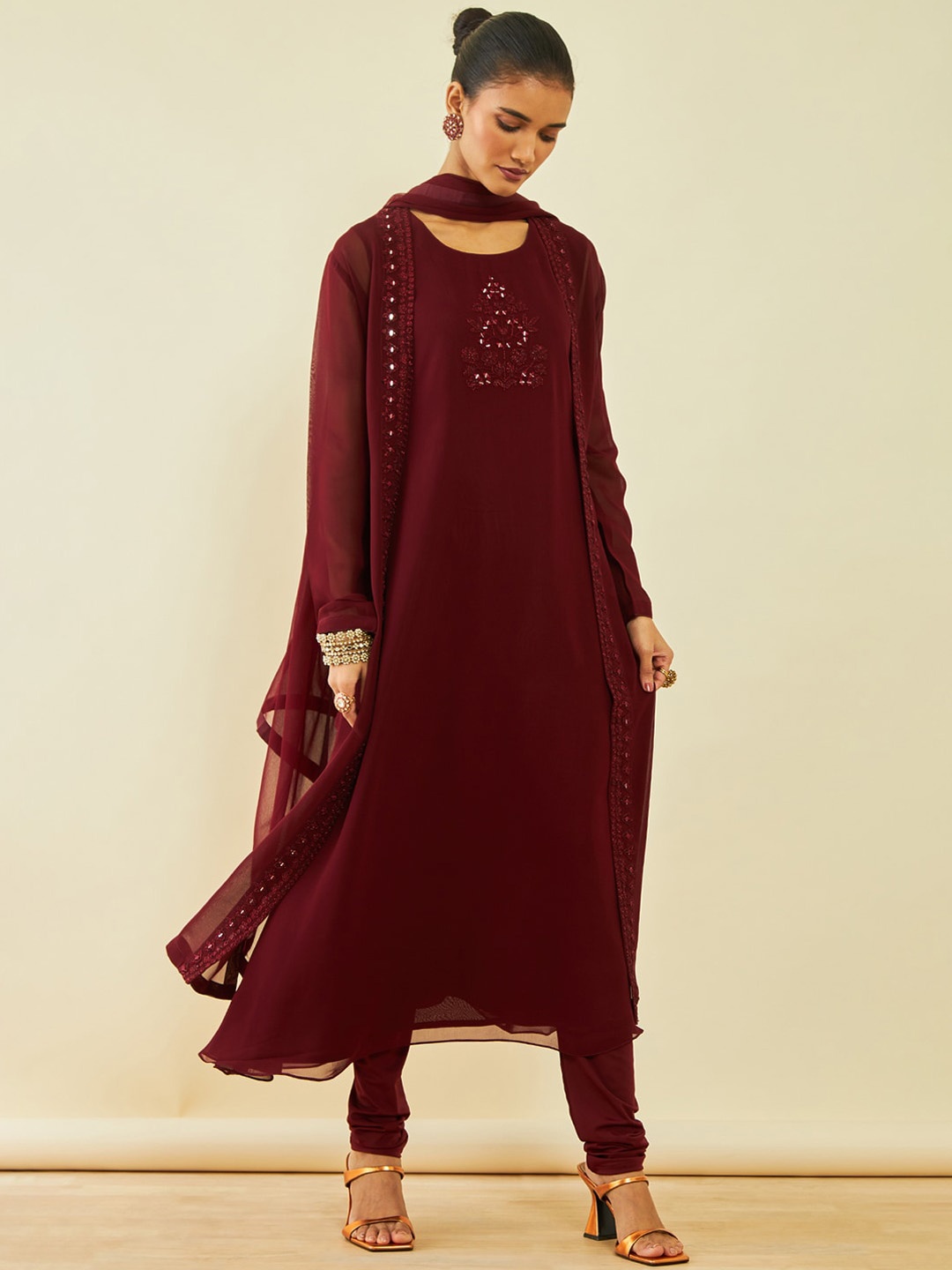 Soch Floral Yoke Design Mirror Work Georgette Anarkali Kurta With Churidar & Dupatta, Maroon
Soch Floral Yoke Design Mirror Work Georgette Anarkali Kurta With Churidar & Dupatta, Maroon