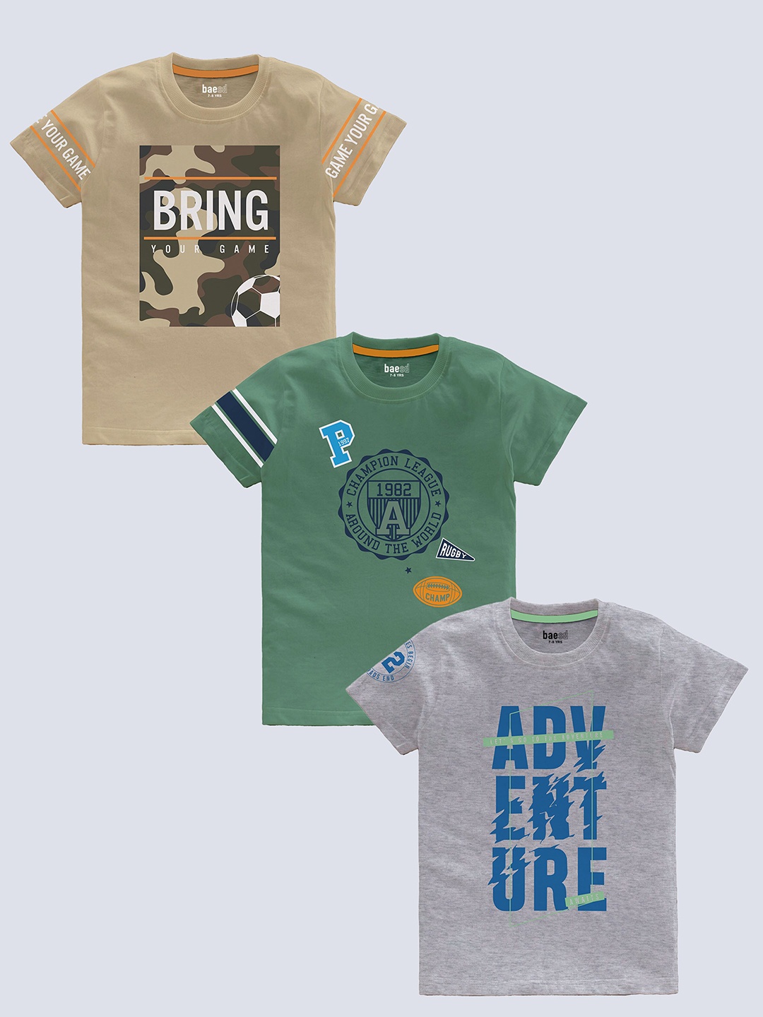 BAESD Boys Pack Of 3 Typography Printed Round Neck Short Sleeves Pure Cotton T-shirt, Khaki
BAESD Boys Pack Of 3 Typography Printed Round Neck Short Sleeves Pure Cotton T-shirt, Khaki