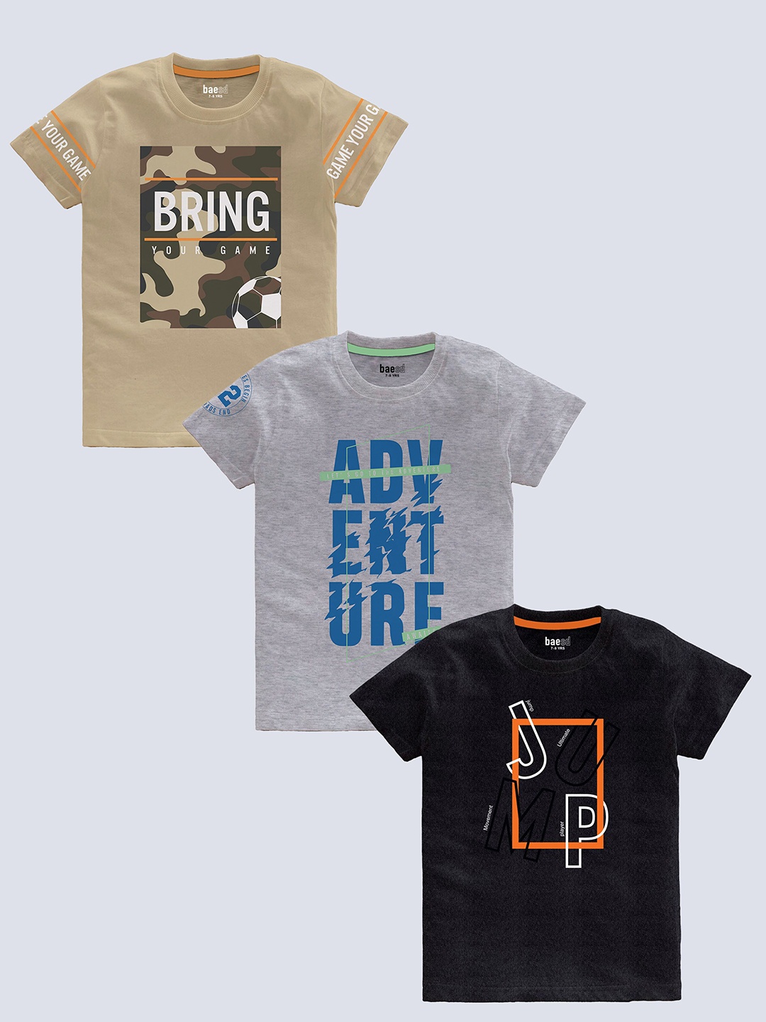 BAESD Boys Pack Of 3 Typography Printed Round Neck Short Sleeves Pure Cotton T-shirt, Khaki
BAESD Boys Pack Of 3 Typography Printed Round Neck Short Sleeves Pure Cotton T-shirt, Khaki