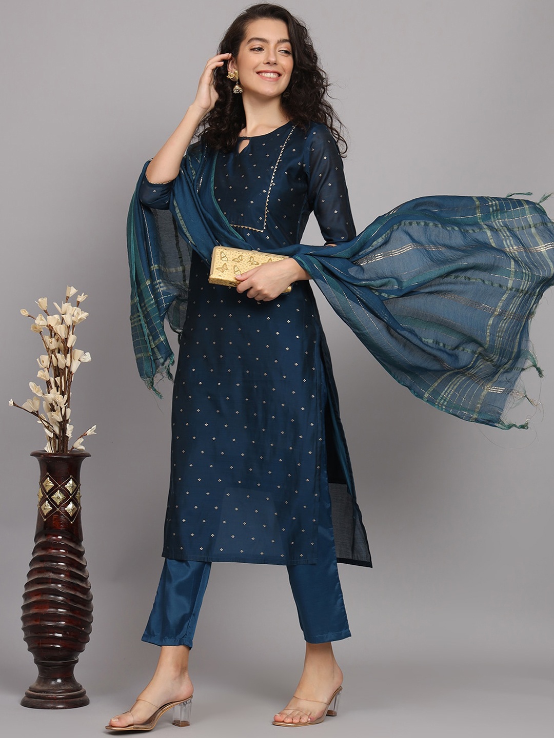KALINI Ethnic Motif Woven Design Zari Regular Straight Kurta & Trousers With Dupatta, Navy blue
KALINI Ethnic Motif Woven Design Zari Regular Straight Kurta & Trousers With Dupatta, Navy blue