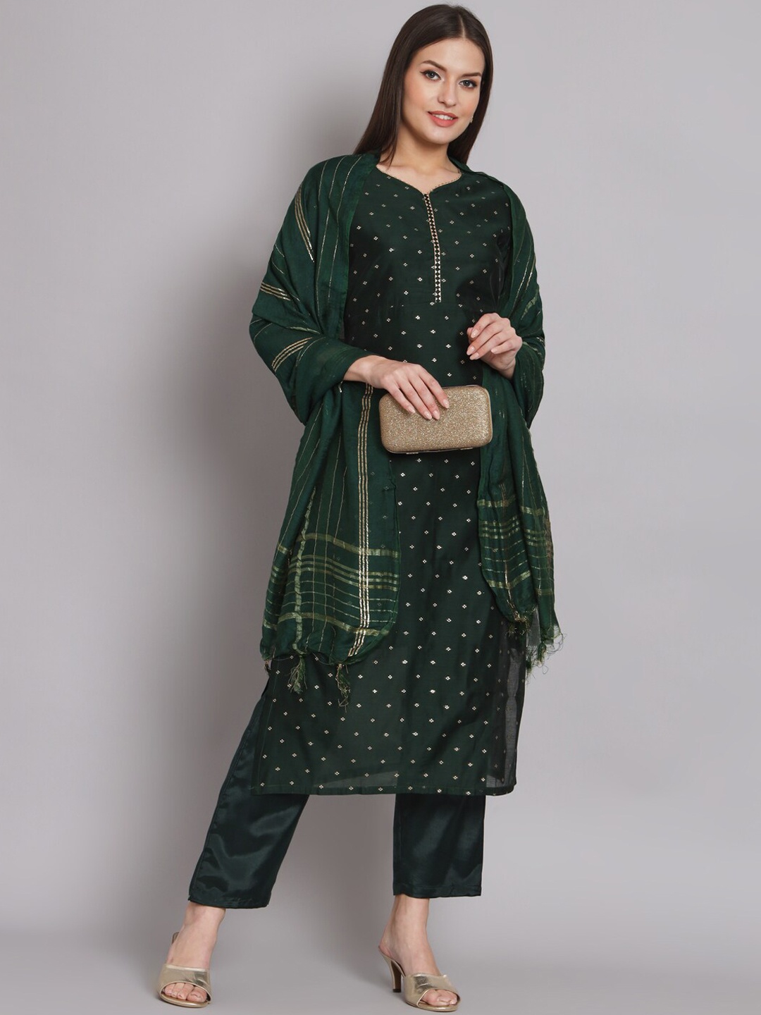 KALINI Ethnic Motifs Woven Design Gotta Patti Chanderi Silk Kurta With Trousers & Dupatta, Green
KALINI Ethnic Motifs Woven Design Gotta Patti Chanderi Silk Kurta With Trousers & Dupatta, Green