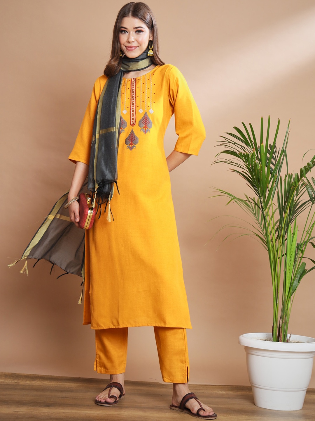KALINI Ethnic Motifs Embroidered Regular Thread Work Kurta With Trousers & Dupatta, Yellow
KALINI Ethnic Motifs Embroidered Regular Thread Work Kurta With Trousers & Dupatta, Yellow