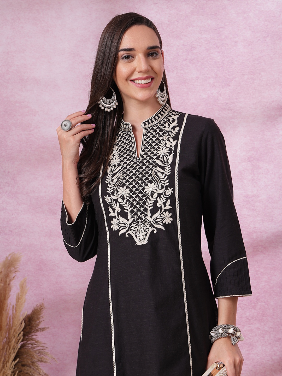 Nayam By Lakshita Women Ethnic Motifs Embroidered Regular Linen Kurta with Palazzos, Black
Nayam By Lakshita Women Ethnic Motifs Embroidered Regular Linen Kurta with Palazzos, Black