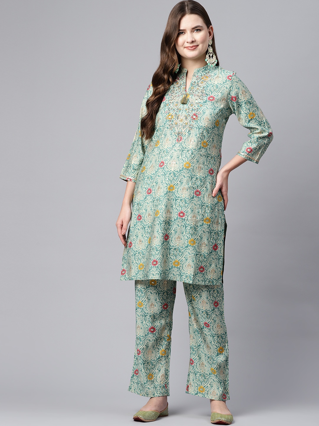 Nayam By Lakshita Women Green Floral Embroidered Regular Thread Work Chanderi Cotton Kurta with Palazzos
Nayam By Lakshita Women Green Floral Embroidered Regular Thread Work Chanderi Cotton Kurta with Palazzos