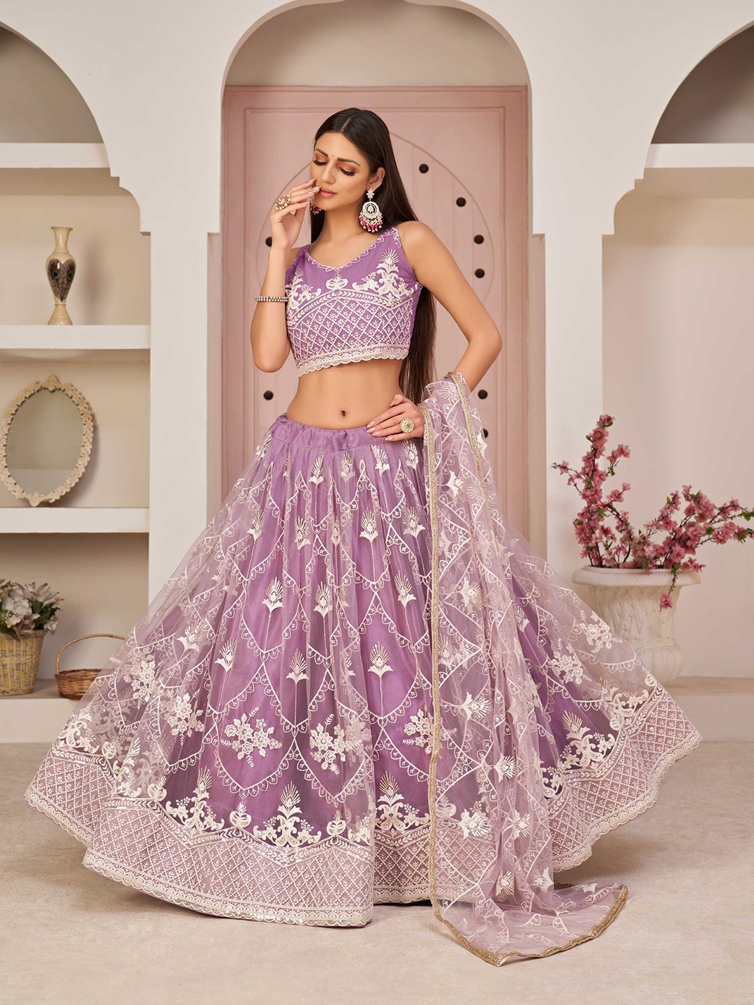 Panzora Embroidered Sequinned Semi-Stitched Lehenga & Blouse With Dupatta, Lavender
Panzora Embroidered Sequinned Semi-Stitched Lehenga & Blouse With Dupatta, Lavender